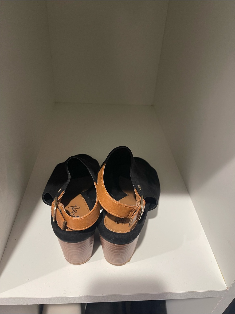 Black Suede Open-Toe Block Heel Sandals with Tan Slingback - Picture 4 of 6